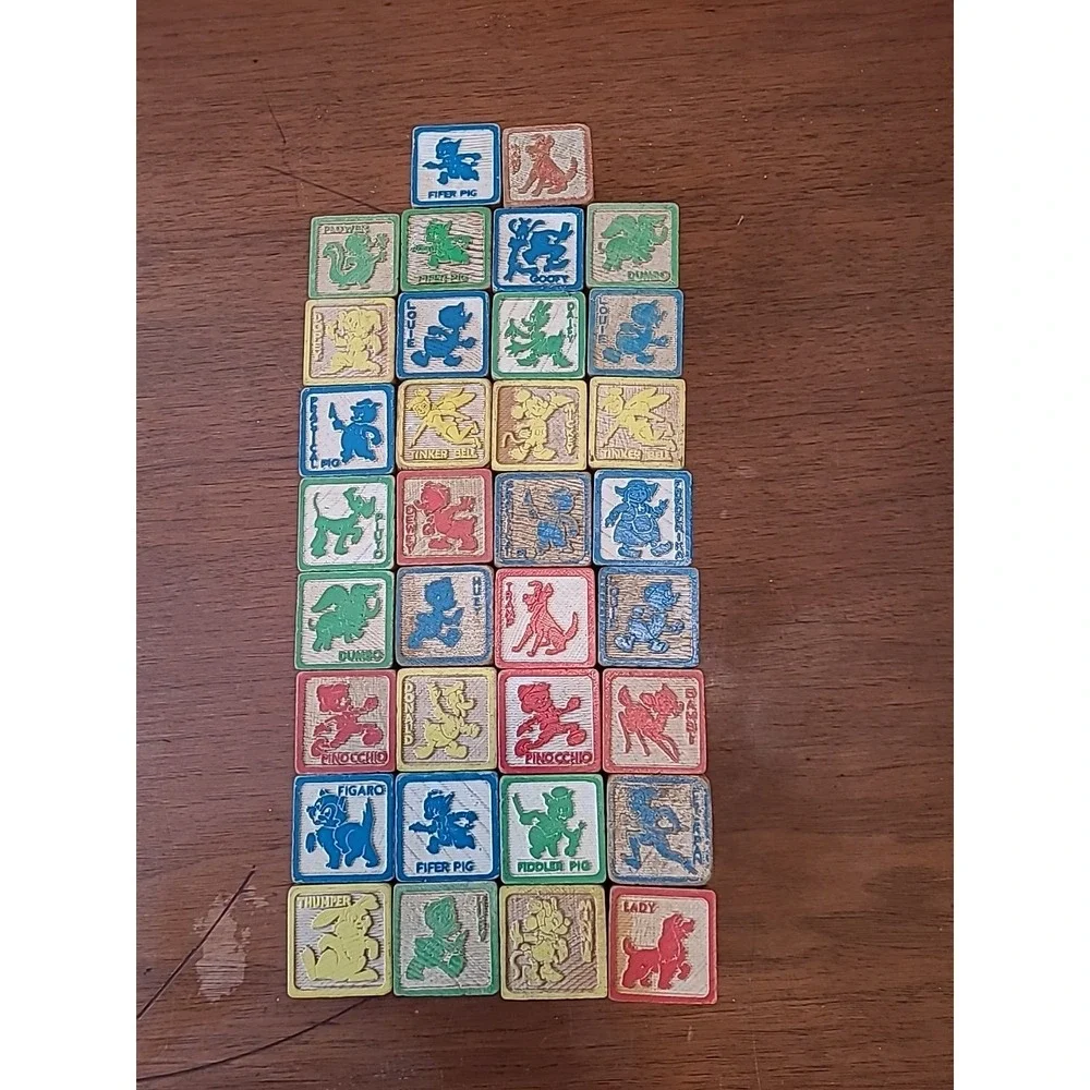 Vintage Walt Disney 34 Wooden Blocks Set Letters‎ Numbers Characters